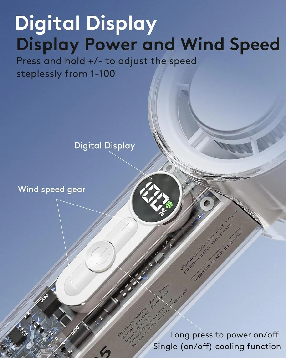 Transparent Portable Handheld Fan, 16000RPM Powerful Turbo Personal Cooling Fan, Digital Display,Rechargeable 3000mAh Battery Operated for Women Men Travel/Work/Home/Outdoor