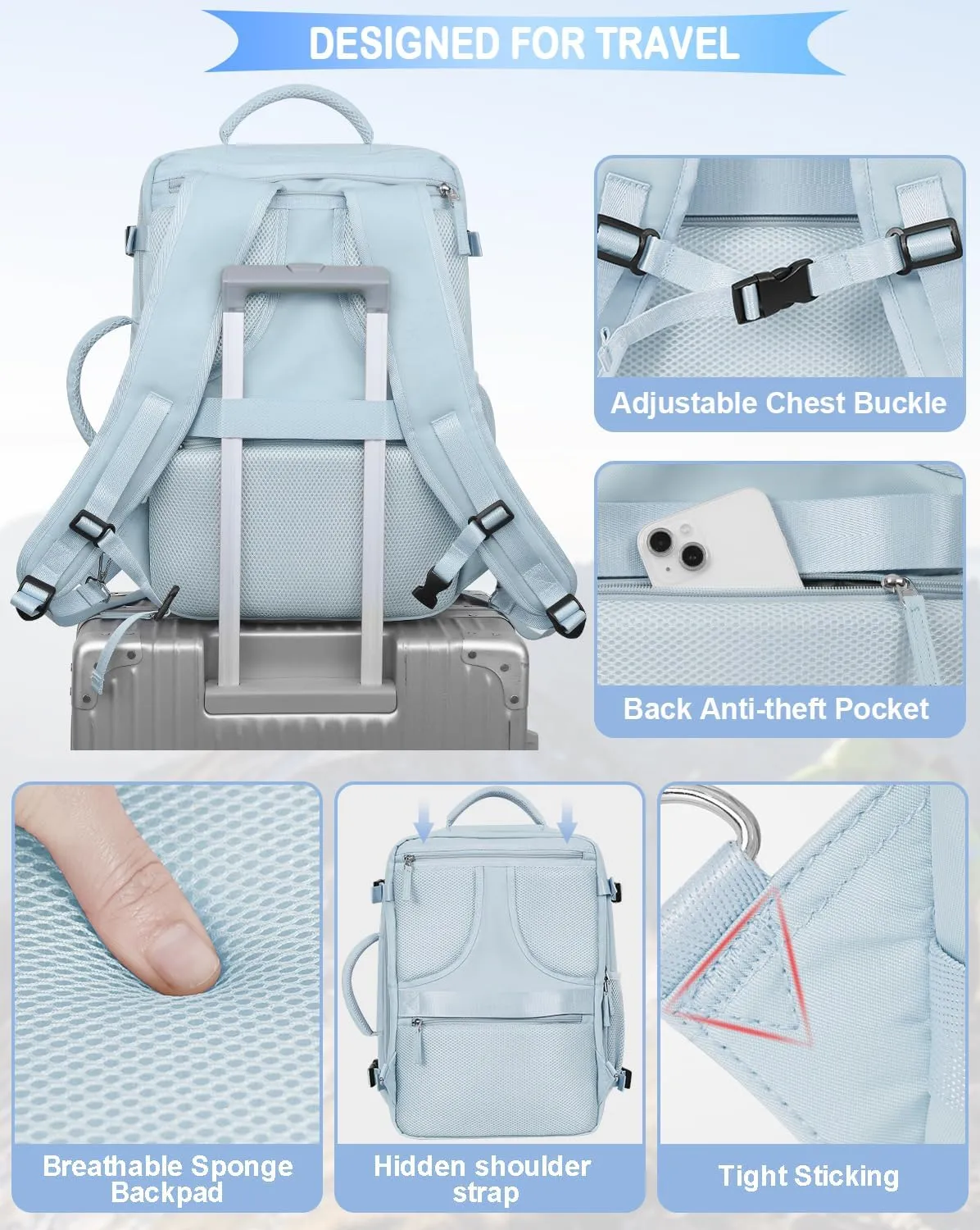 Travel Backpack, Carry-on Backpack Airline Approved,17 Inch Laptop Backpack, Waterproof Backpack for Work Business College Hiking(Light blue)