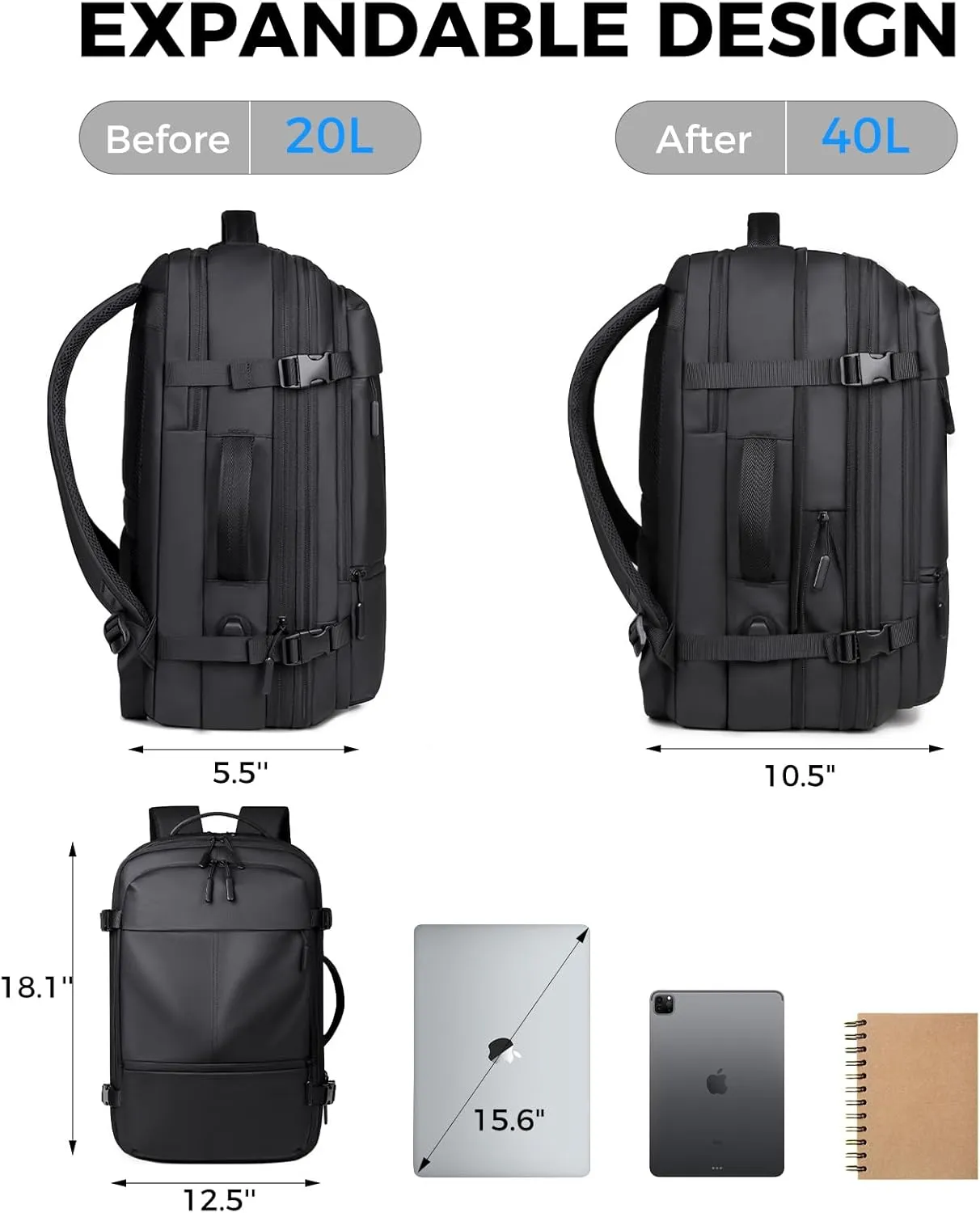 Travel Backpack for Men Women, Carry on Backpack, Waterproof Personal Item Travel Bag, 40L Business Work Weekender Bag Suitcase Luggage, TSA Laptop Backpack Flight Approved, Black(Expandable)
