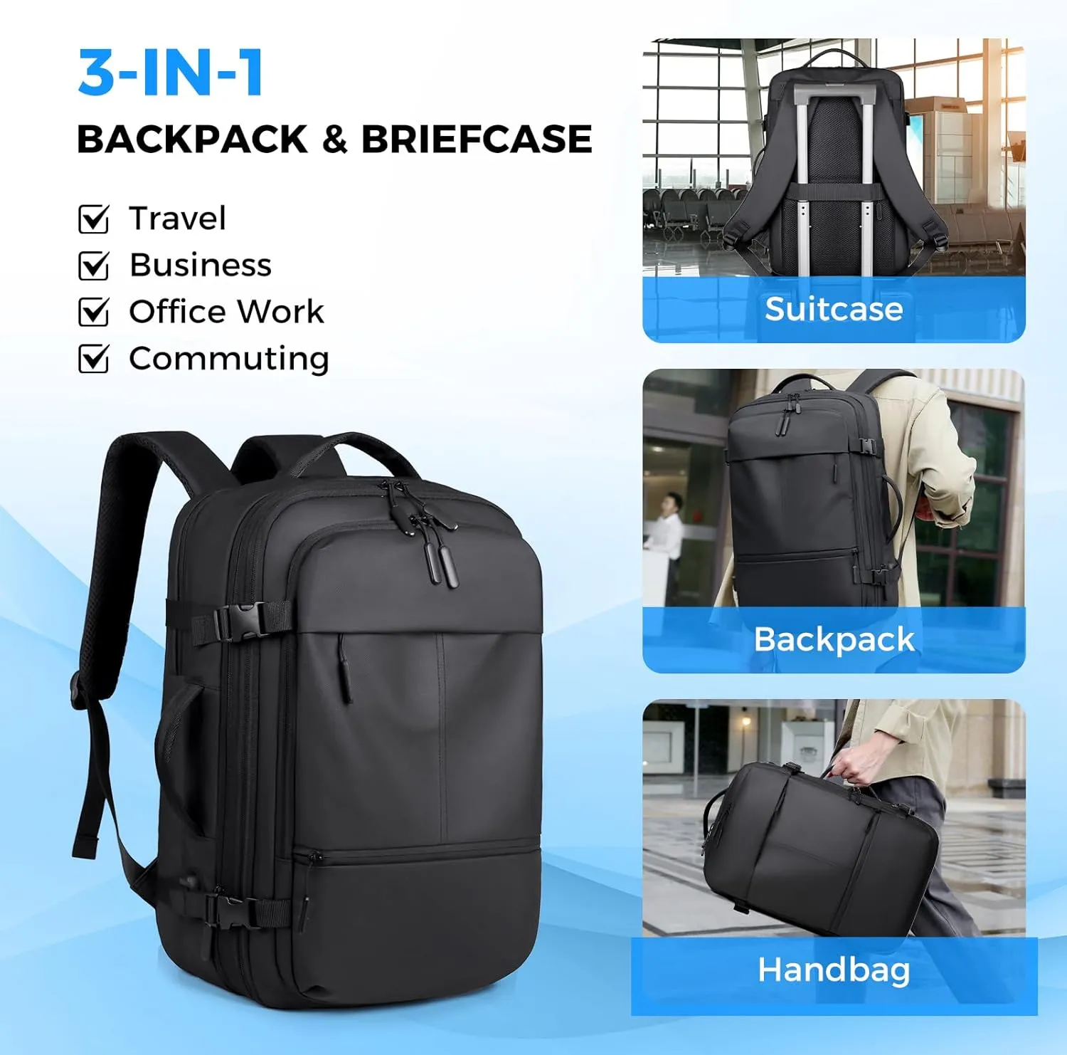 Travel Backpack for Men Women, Carry on Backpack, Waterproof Personal Item Travel Bag, 40L Business Work Weekender Bag Suitcase Luggage, TSA Laptop Backpack Flight Approved, Black(Expandable)