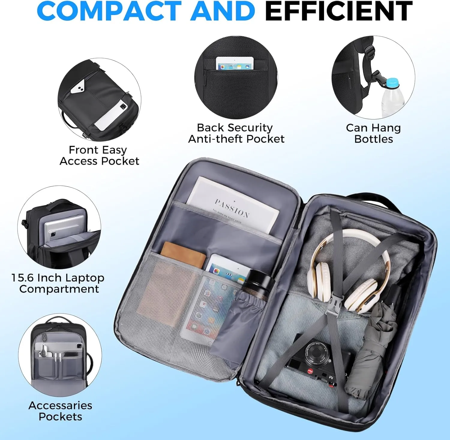 Travel Backpack for Men Women, Carry on Backpack, Waterproof Personal Item Travel Bag, 40L Business Work Weekender Bag Suitcase Luggage, TSA Laptop Backpack Flight Approved, Black(Expandable)