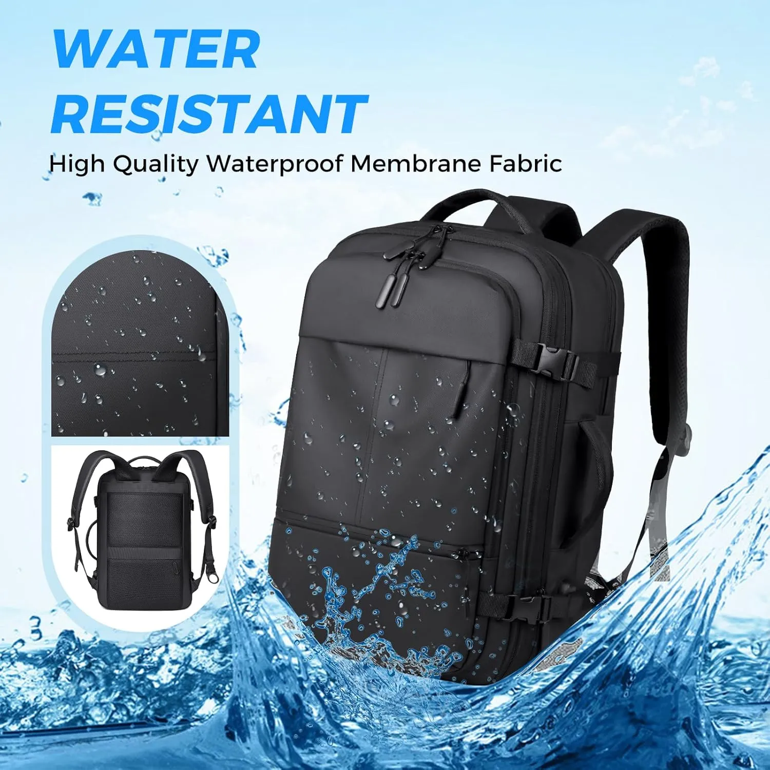 Travel Backpack for Men Women, Carry on Backpack, Waterproof Personal Item Travel Bag, 40L Business Work Weekender Bag Suitcase Luggage, TSA Laptop Backpack Flight Approved, Black(Expandable)