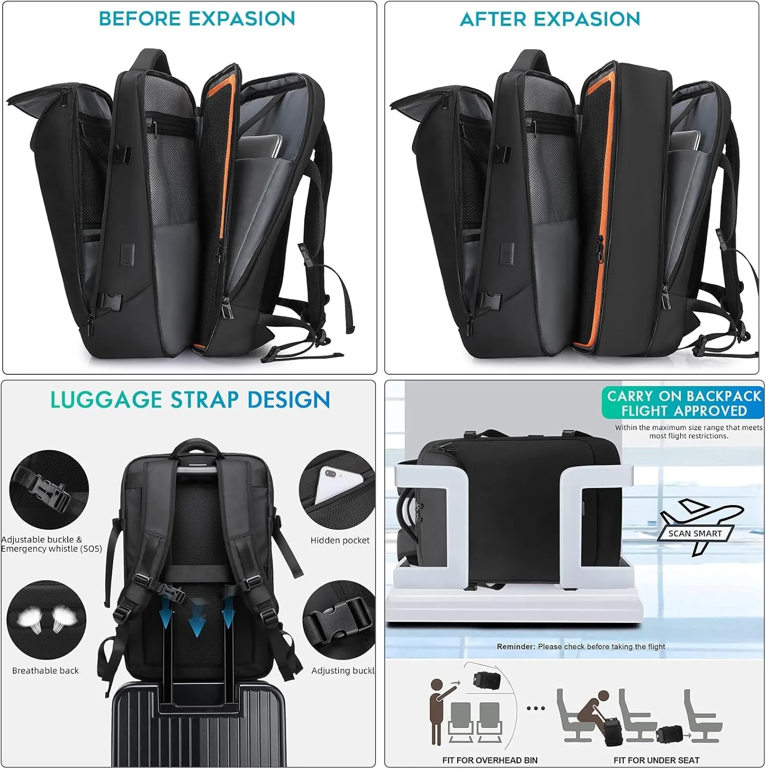 Travel Carry on Backpack 50L Expandable Flight Approved Backpacks 17.3 inch Laptop and USB Charging Port bags Water Resistant Business Back Pack for Women & Men