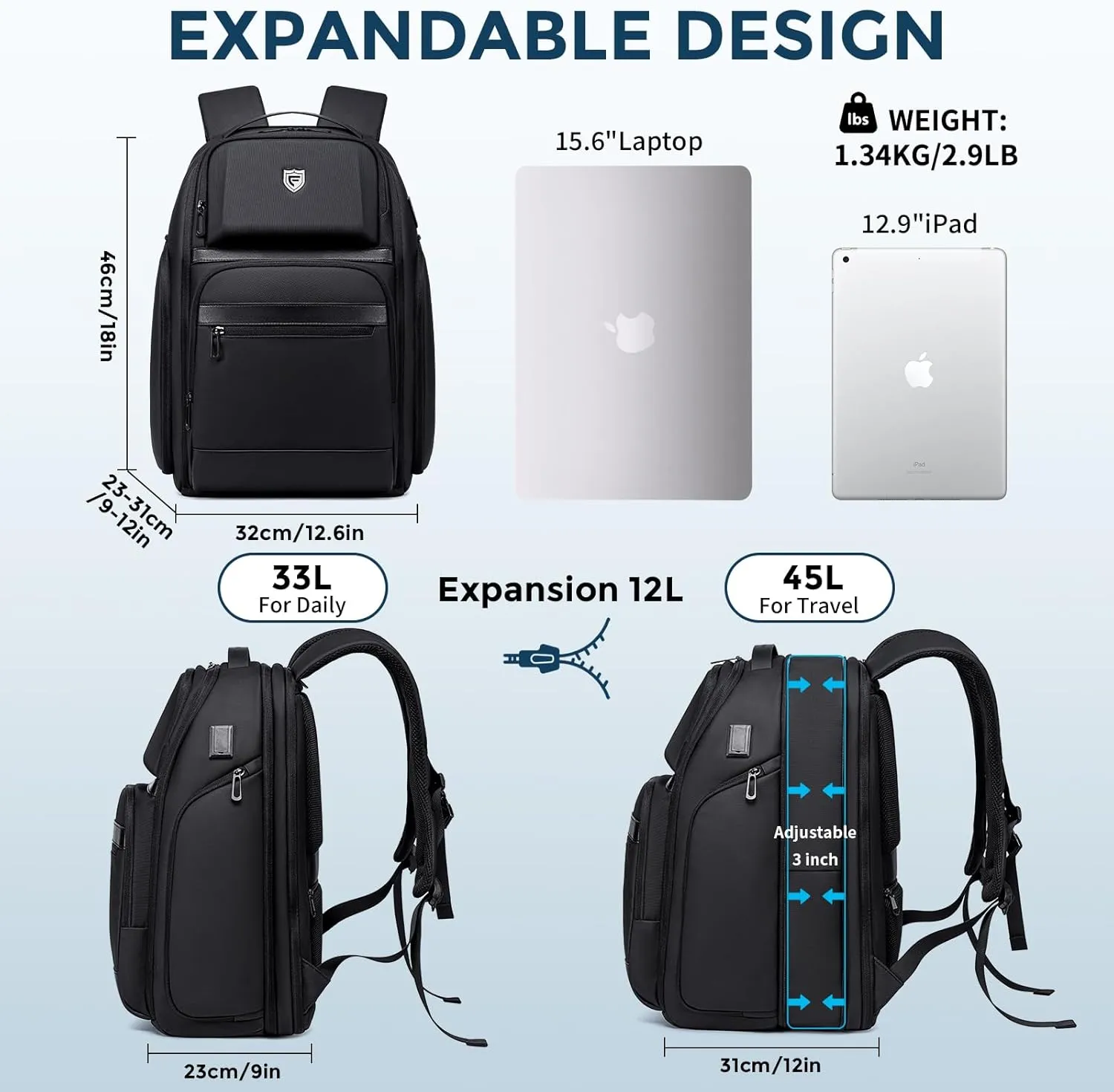Travel Laptop Backpack for Men, Expandable Water Resistant 15.6 Inch Computer Backpack with USB Port, Mens Hardshell Laptop Bag for Business/Work/College, Black