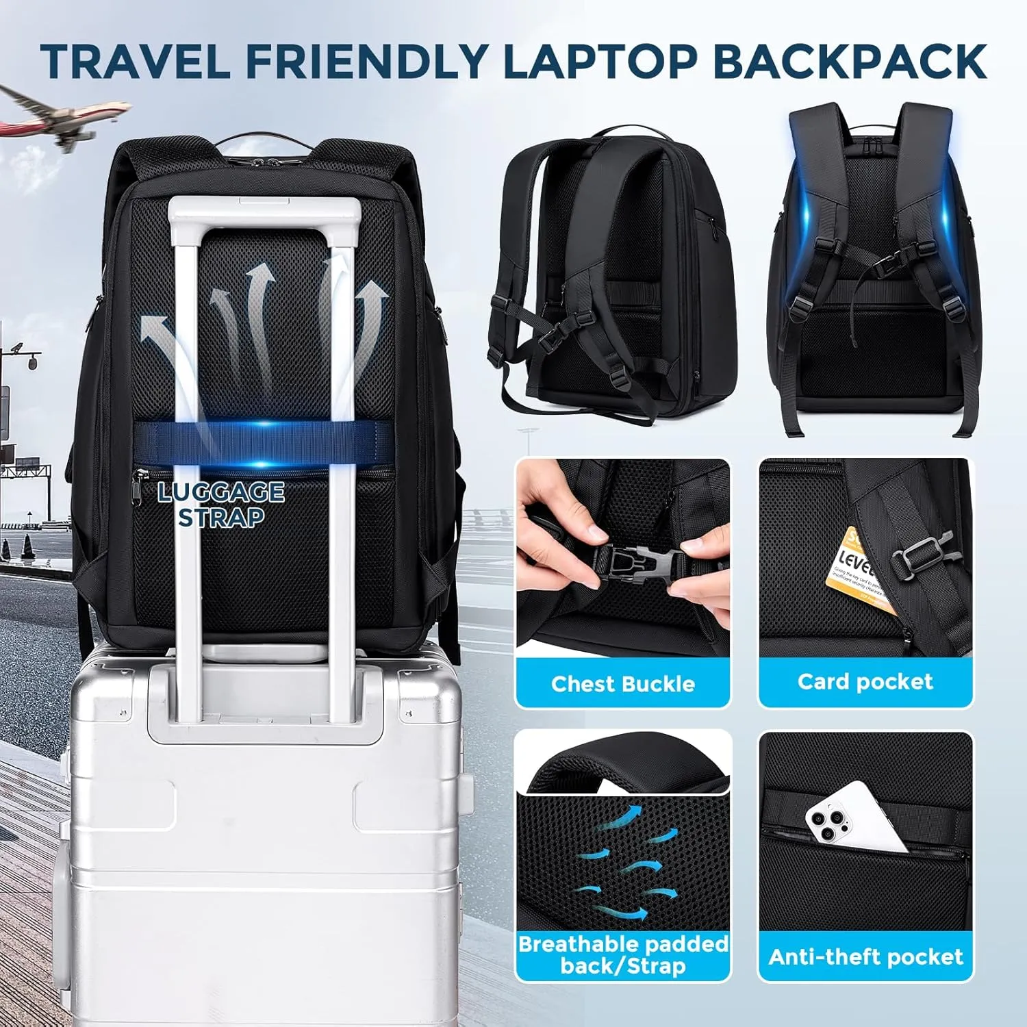Travel Laptop Backpack for Men, Expandable Water Resistant 15.6 Inch Computer Backpack with USB Port, Mens Hardshell Laptop Bag for Business/Work/College, Black