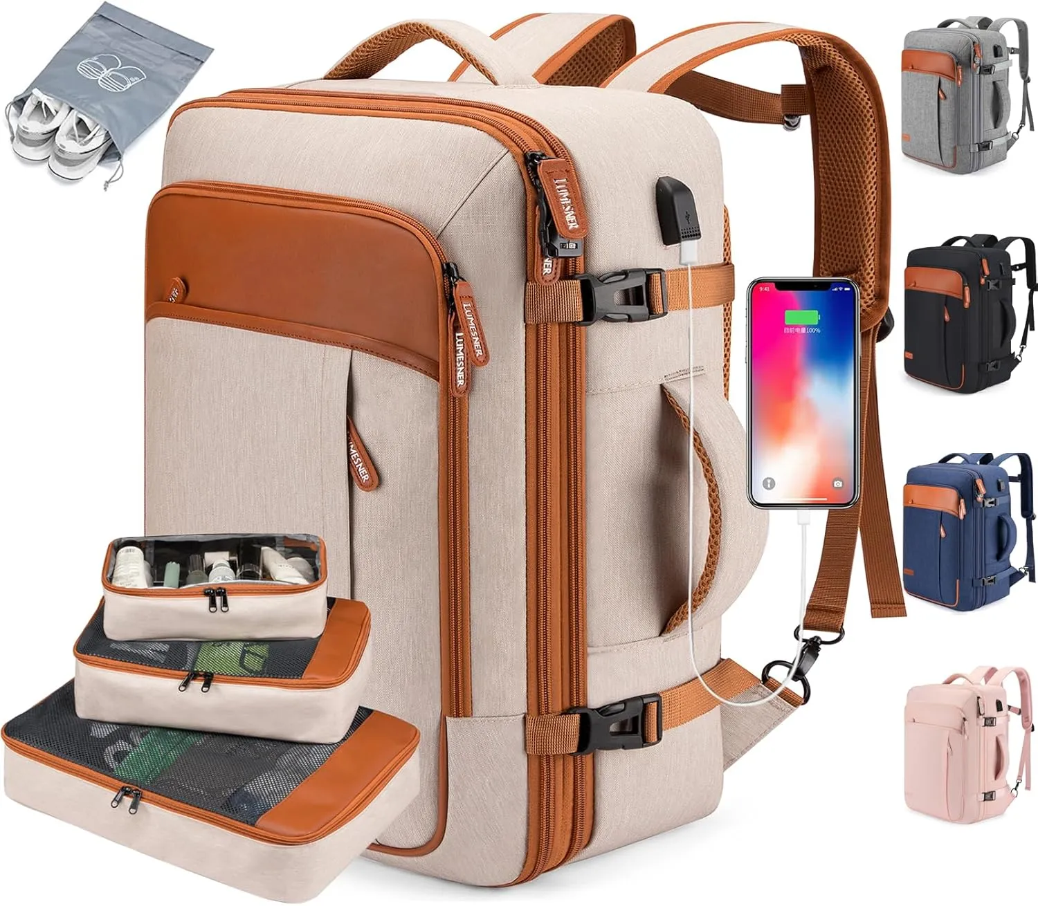 Travel Laptop Backpack,42L Carry on Luggage, Flight Approved Expandable Backpack,Business Anti Theft Weekender Bags for Women Men, Water Resistant Expandable Backpacks With 4 Packing Cubes