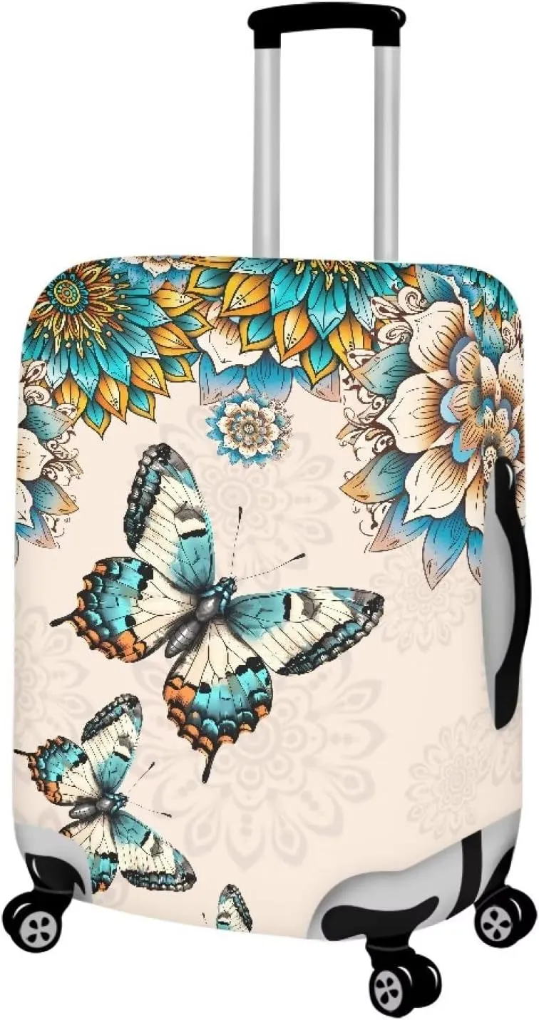 Travel Luggage Cover, Boho Butterfly Flower Print Suitcase Protector Travel Lables Elastic Stretchable Washable Baggage Covers Fits 22-24 Inch Luggage