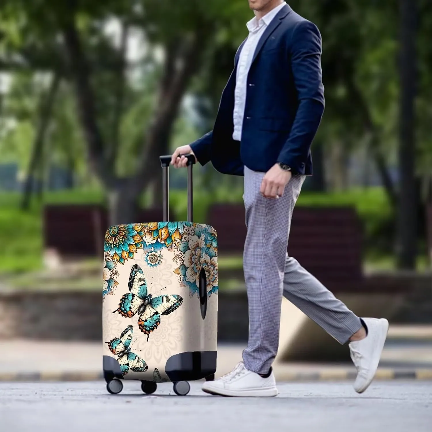 Travel Luggage Cover, Boho Butterfly Flower Print Suitcase Protector Travel Lables Elastic Stretchable Washable Baggage Covers Fits 22-24 Inch Luggage
