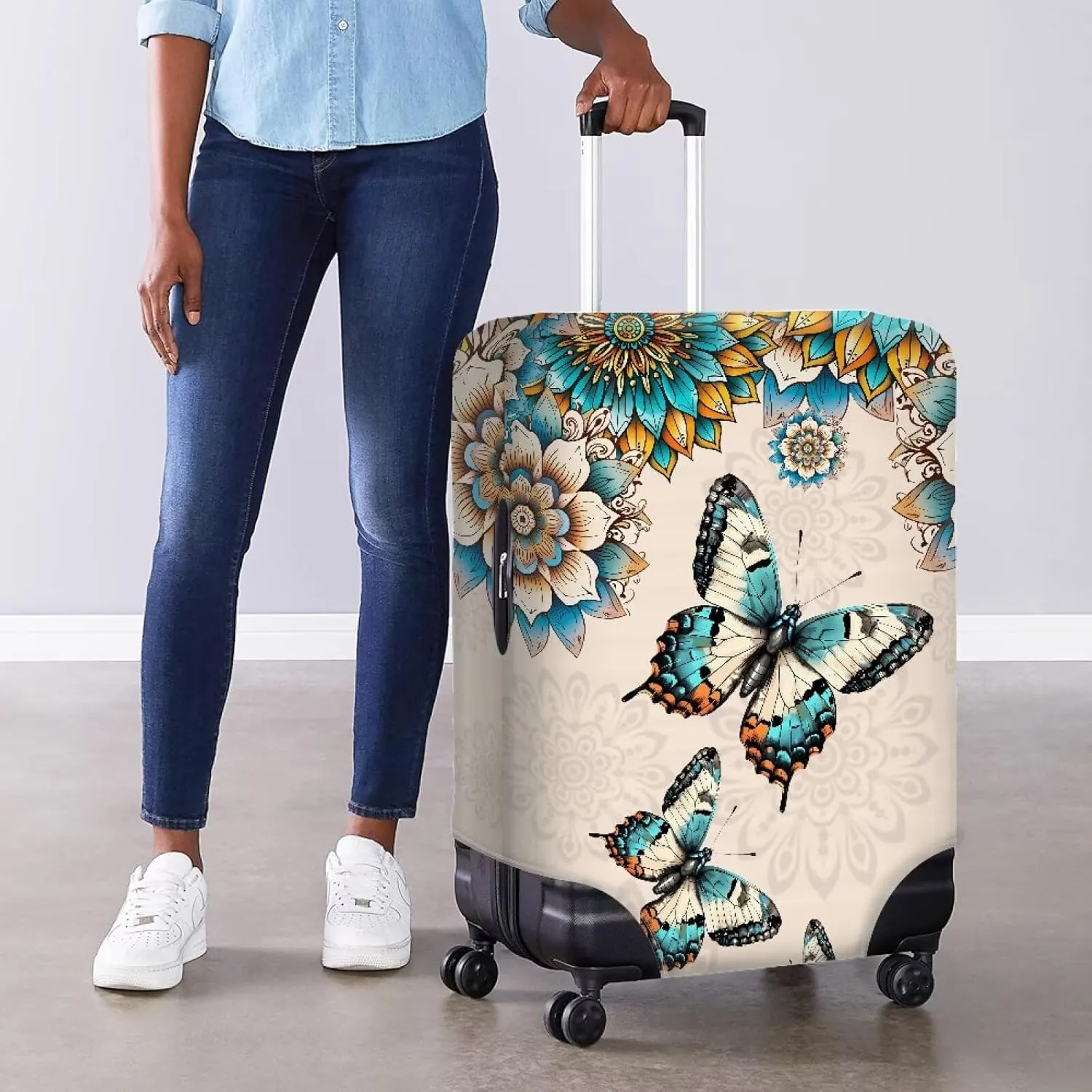 Travel Luggage Cover, Boho Butterfly Flower Print Suitcase Protector Travel Lables Elastic Stretchable Washable Baggage Covers Fits 22-24 Inch Luggage
