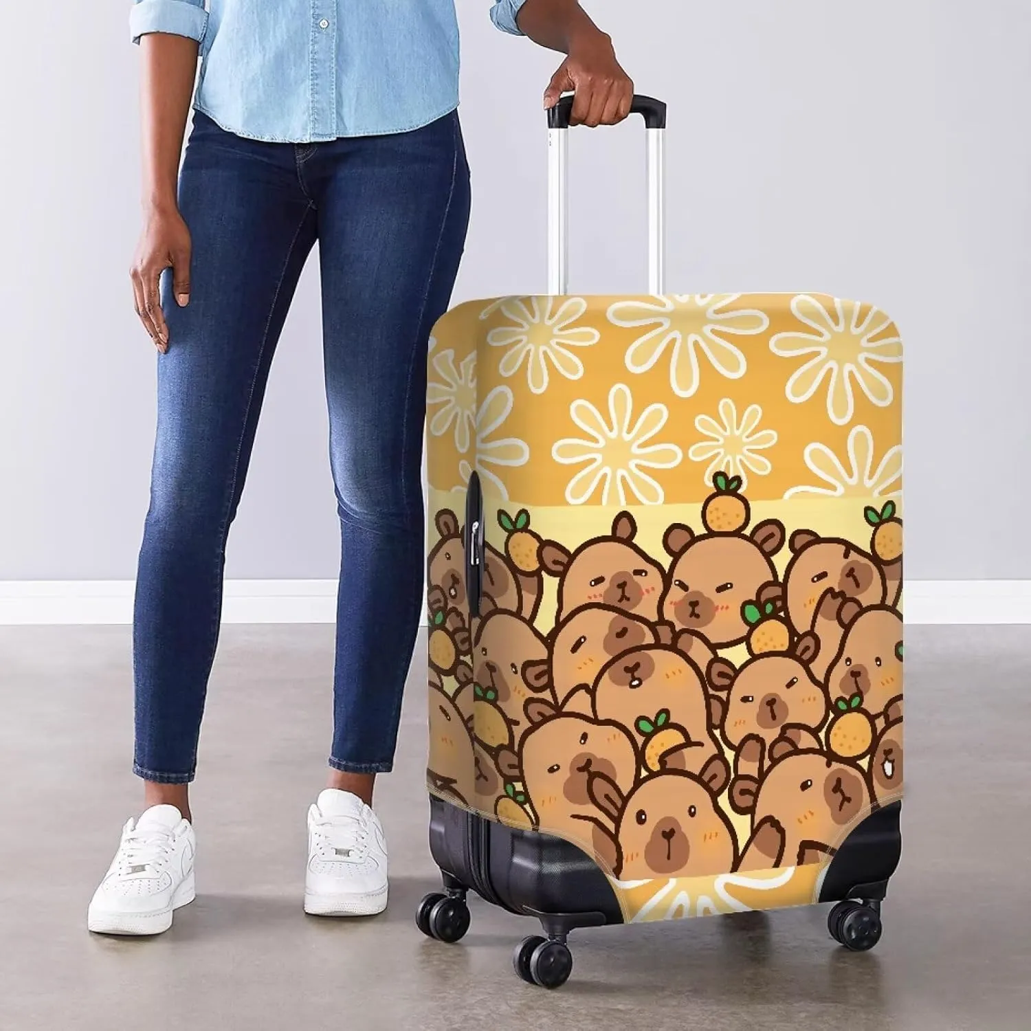 Travel Luggage Cover, Capybara Oranges Flower Print Washable Elasticity Baggage Covers Suitcase Cover Protector for Luggage 25-28 Inch (L)