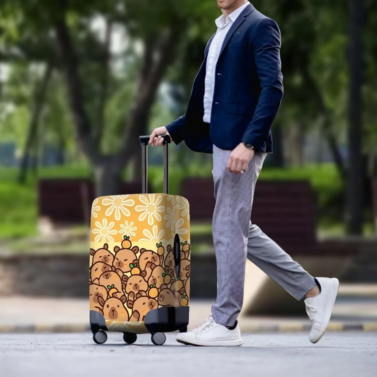 Travel Luggage Cover, Capybara Oranges Flower Print Washable Elasticity Baggage Covers Suitcase Cover Protector for Luggage 25-28 Inch (L)