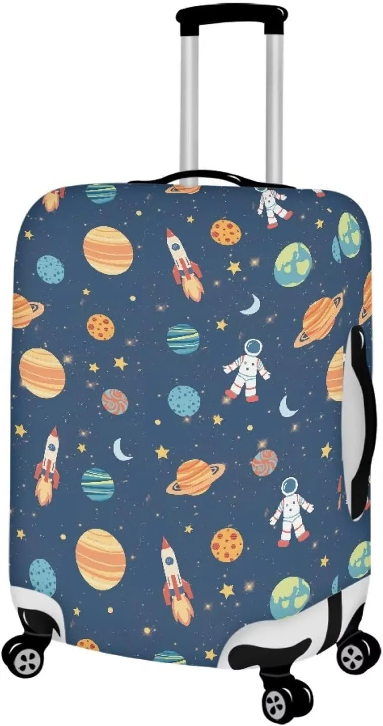 Travel Luggage Cover Protector Fits 18-32 Inch Luggage, Astronaut Rocket Planet Print Elastic Anti-Scratch Washable Suitcase Protector Cover M