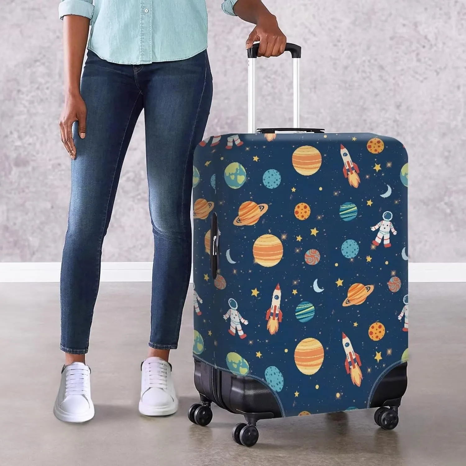 Travel Luggage Cover Protector Fits 18-32 Inch Luggage, Astronaut Rocket Planet Print Elastic Anti-Scratch Washable Suitcase Protector Cover M