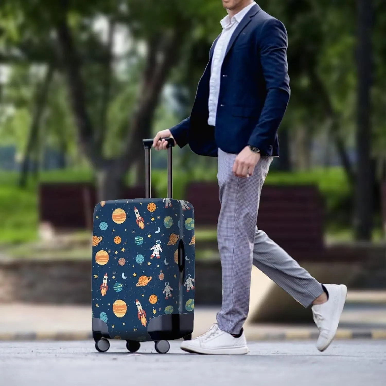 Travel Luggage Cover Protector Fits 18-32 Inch Luggage, Astronaut Rocket Planet Print Elastic Anti-Scratch Washable Suitcase Protector Cover M