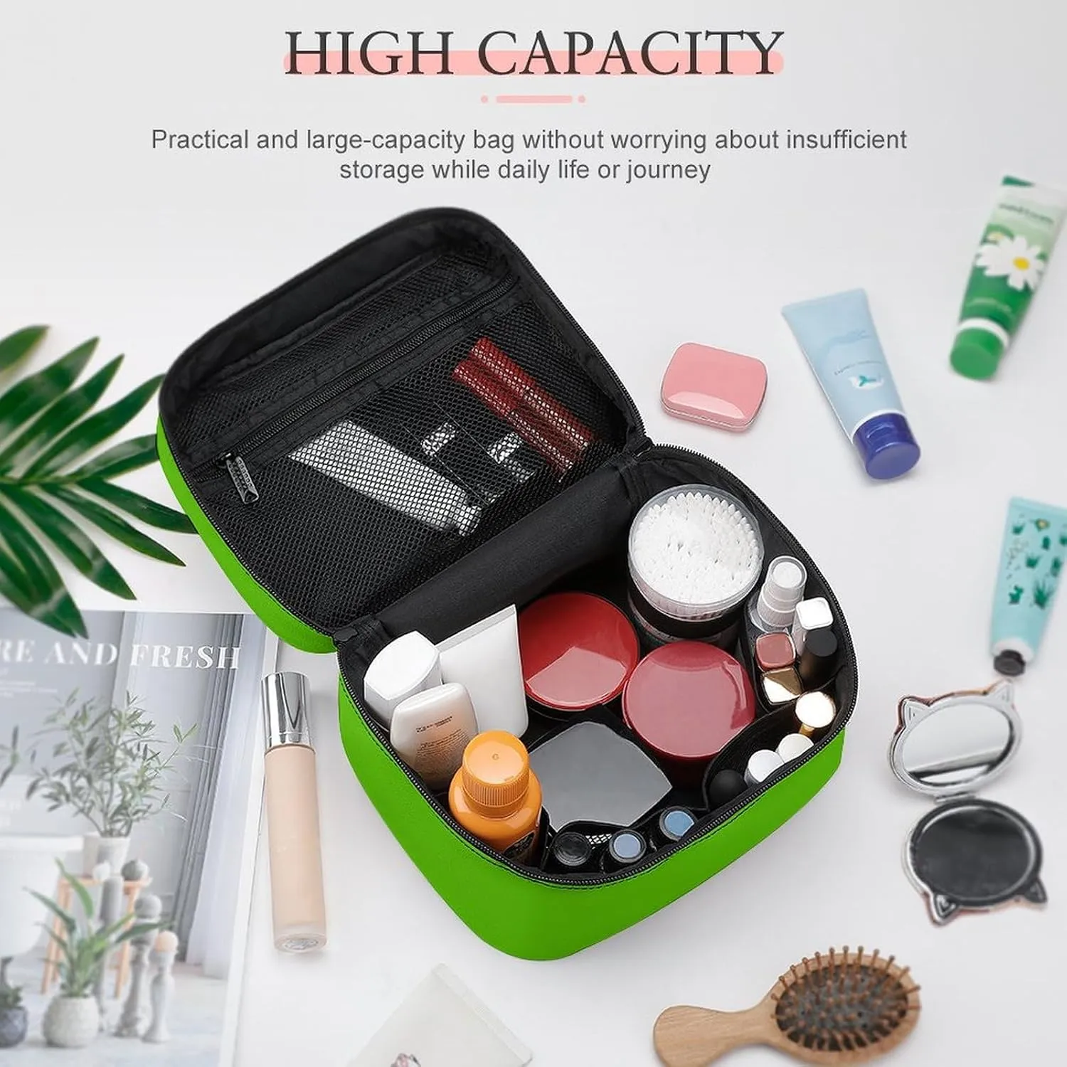 Travel Makeup Bag, Bright Green Cosmetic Bags for Women Large Capacity Waterproof Toiletry Bag Make up Organizer