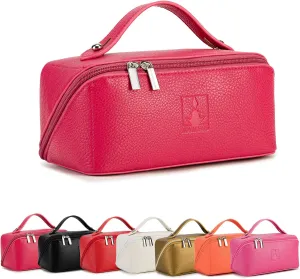 Travel Makeup Bag,Large Capacity Cosmetic Bags for Women, PU Leather Waterproof Portable Pouch Open Flat Toiletry Bag Make up Organizer with Divider and Handle (Rose)