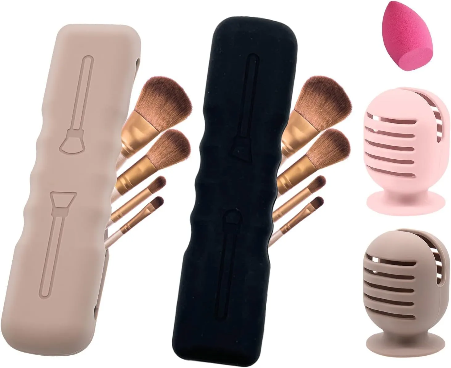 Travel Makeup Brush Holder   Integrated Makeup Sponge Case 4 Pack, Make Up Organizer Bag Cosmetic Pouch, Portable Anti-Dust Silcone Washable Beauty Blender Holder Carrying Case (E Khaki Black)