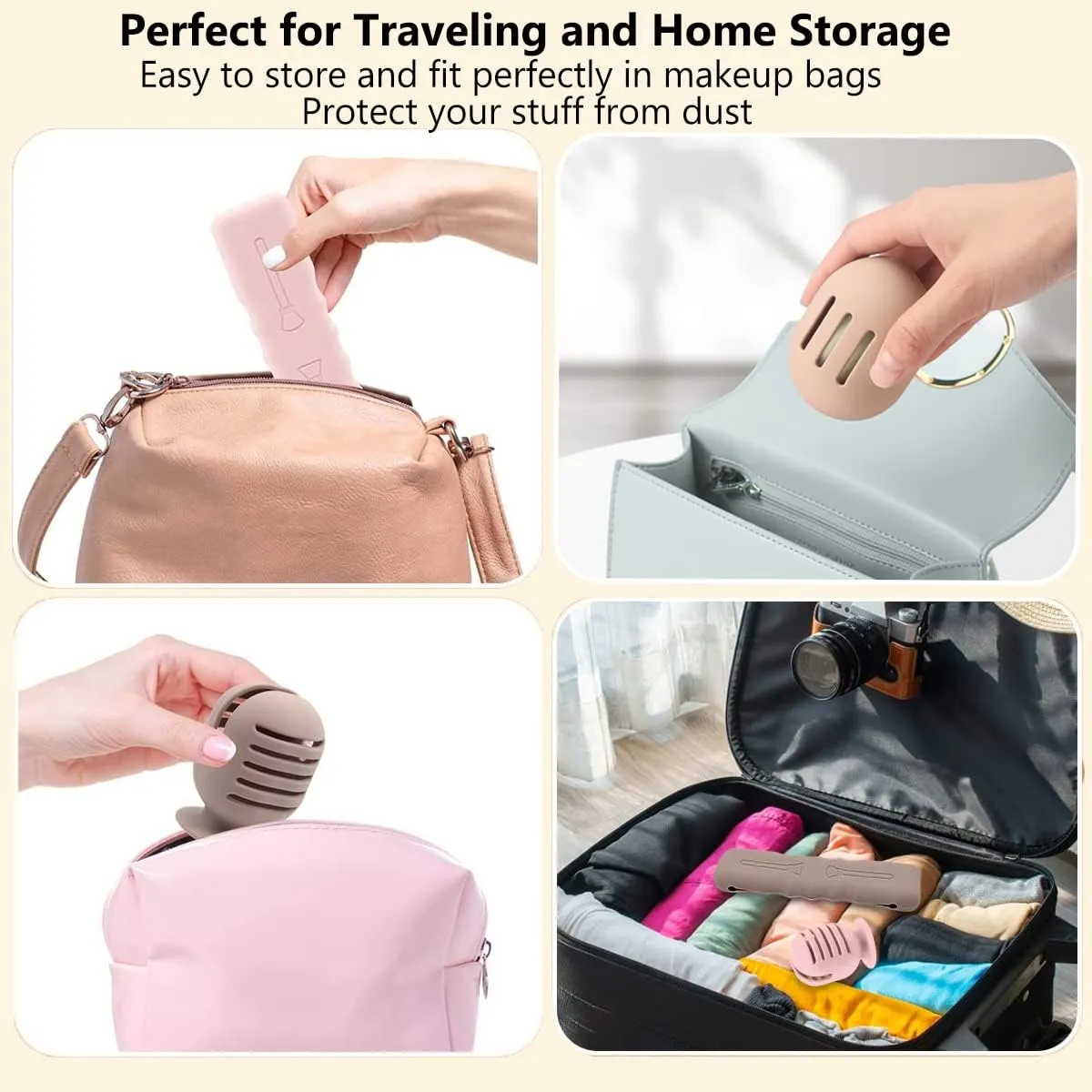 Travel Makeup Brush Holder   Integrated Makeup Sponge Case 4 Pack, Make Up Organizer Bag Cosmetic Pouch, Portable Anti-Dust Silcone Washable Beauty Blender Holder Carrying Case (E Khaki Black)