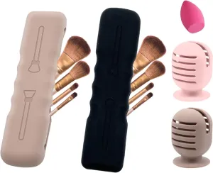 Travel Makeup Brush Holder   Integrated Makeup Sponge Case 4 Pack, Make Up Organizer Bag Cosmetic Pouch, Portable Anti-Dust Silcone Washable Beauty Blender Holder Carrying Case (E Khaki Black)