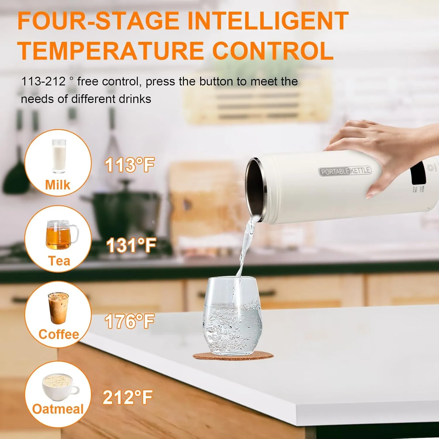 Travel Tea Kettle（110V）, Portable Electric Kettle (500ml), 316 Stainless Steel Premium Liner, 4-speed Temperature Adjustment with Auto Shut-off and Boil-Off Protection.
