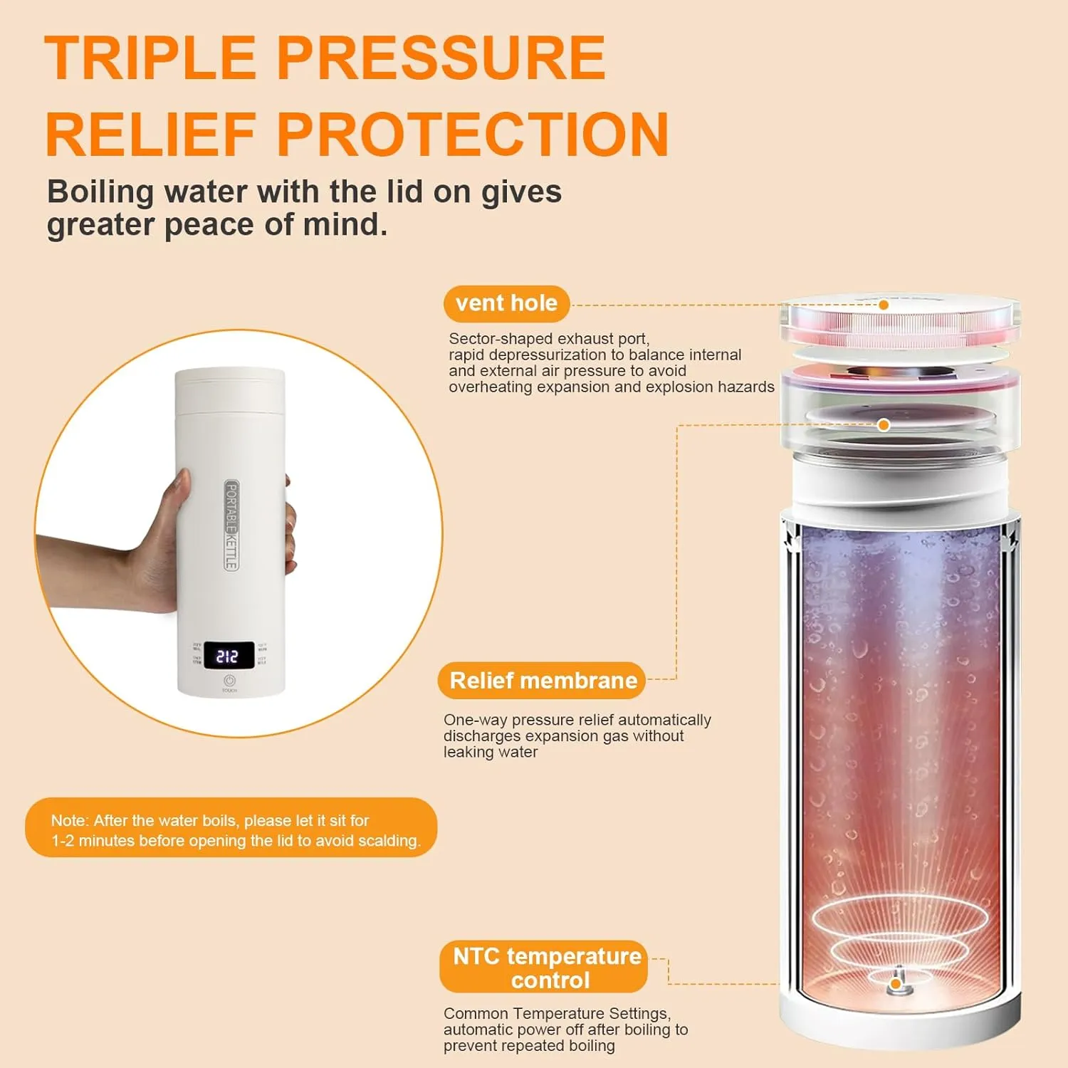 Travel Tea Kettle（110V）, Portable Electric Kettle (500ml), 316 Stainless Steel Premium Liner, 4-speed Temperature Adjustment with Auto Shut-off and Boil-Off Protection.