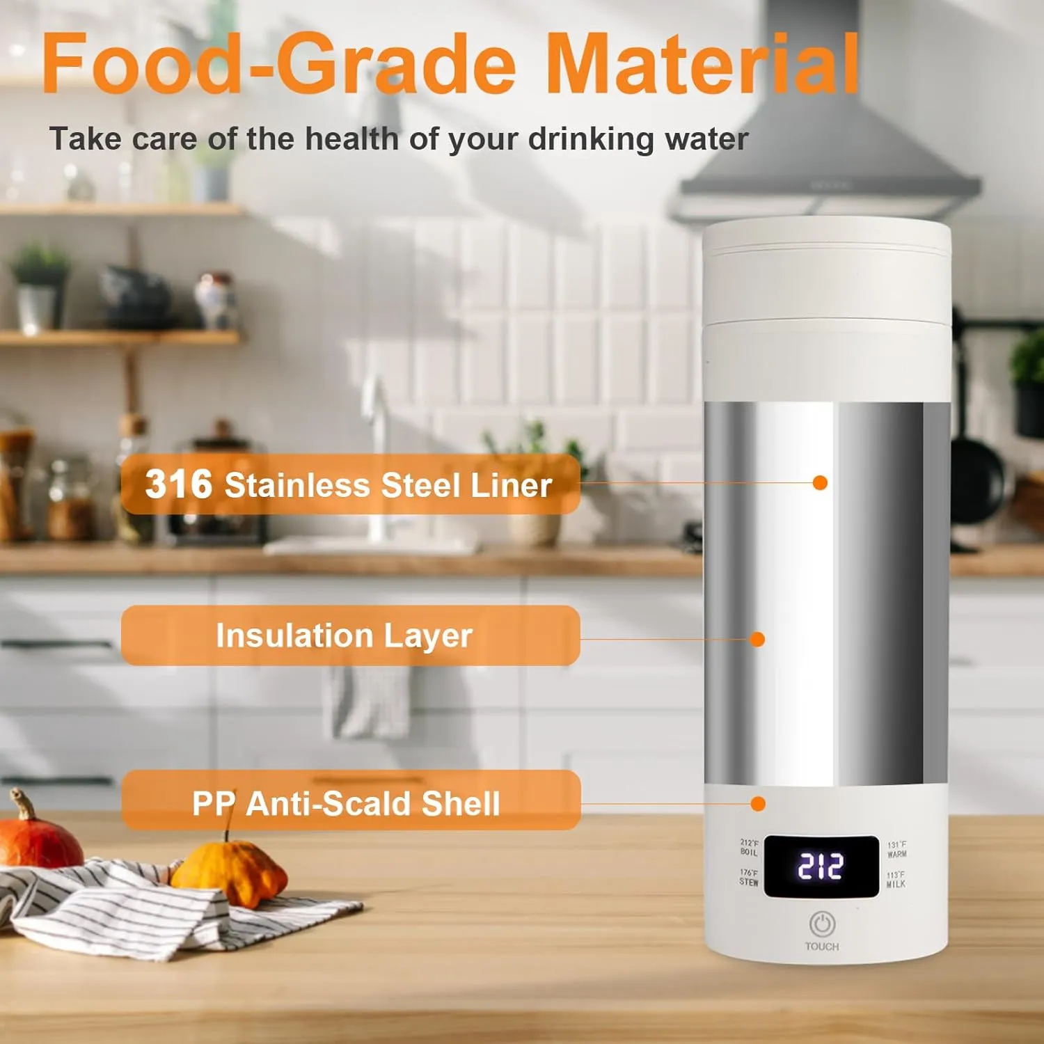 Travel Tea Kettle（110V）, Portable Electric Kettle (500ml), 316 Stainless Steel Premium Liner, 4-speed Temperature Adjustment with Auto Shut-off and Boil-Off Protection.