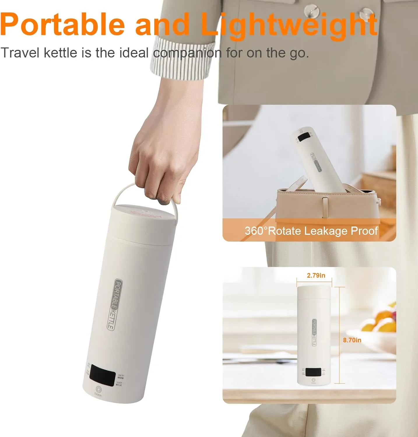 Travel Tea Kettle（110V）, Portable Electric Kettle (500ml), 316 Stainless Steel Premium Liner, 4-speed Temperature Adjustment with Auto Shut-off and Boil-Off Protection.