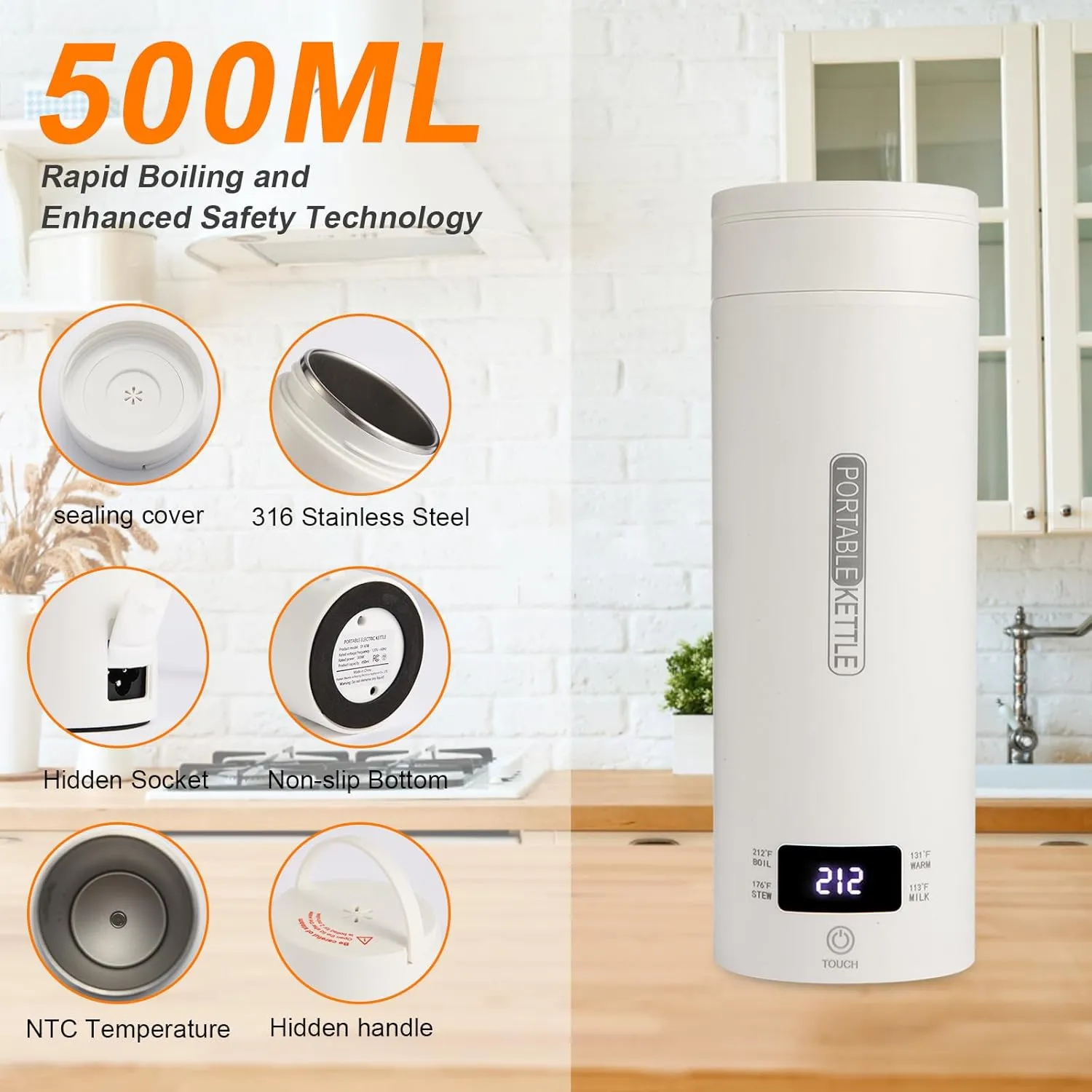 Travel Tea Kettle（110V）, Portable Electric Kettle (500ml), 316 Stainless Steel Premium Liner, 4-speed Temperature Adjustment with Auto Shut-off and Boil-Off Protection.