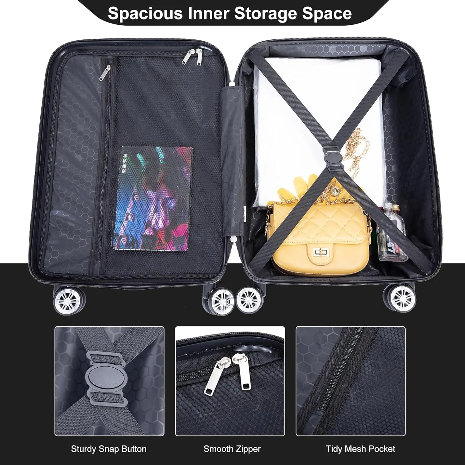 Travelhouse 4 Piece Luggage Sets Travel Suitcase, Large Capacity Lightweight Luggage Sets with TSA Lock & Spinner Wheels, Clearance Carry On Luggage Suitcase Set (BLACK, 4 piece(14" 20'24"28"))