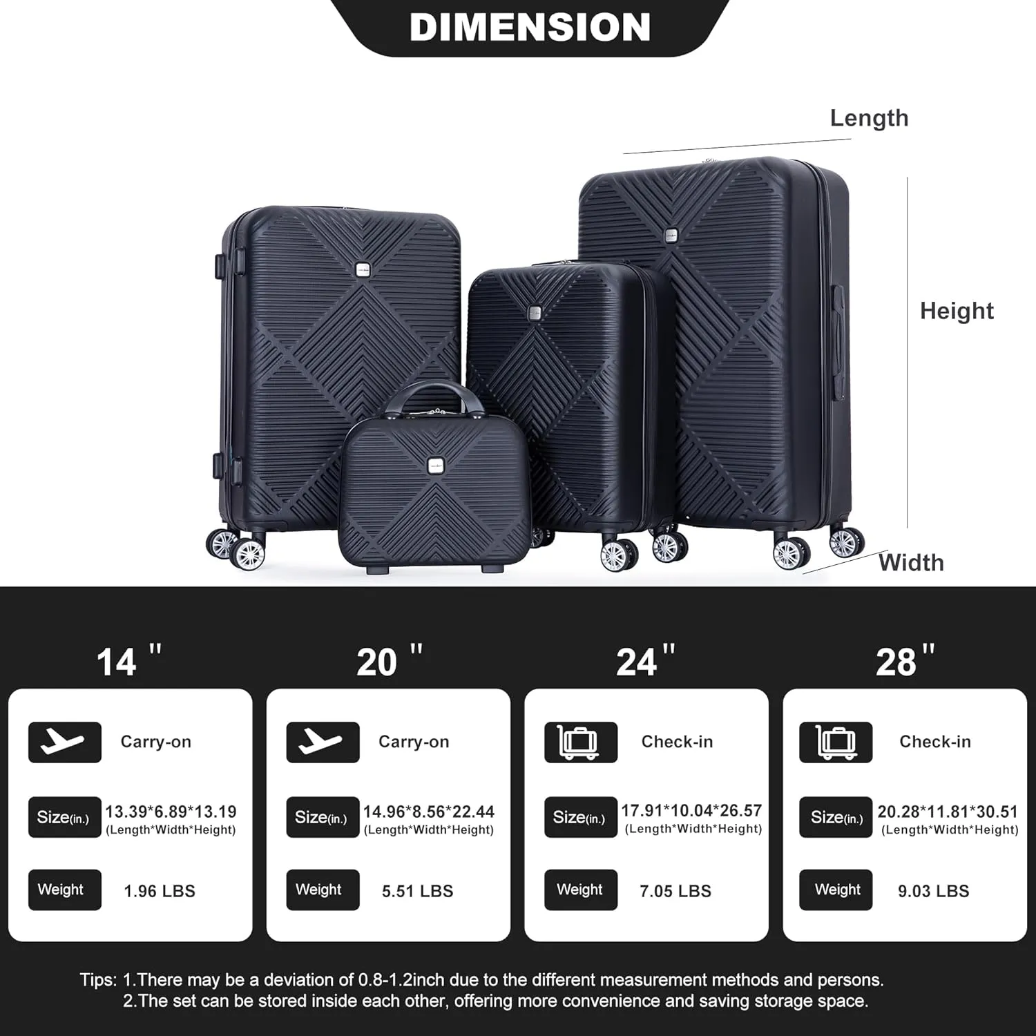 Travelhouse 4 Piece Luggage Sets Travel Suitcase, Large Capacity Lightweight Luggage Sets with TSA Lock & Spinner Wheels, Clearance Carry On Luggage Suitcase Set (BLACK, 4 piece(14" 20'24"28"))