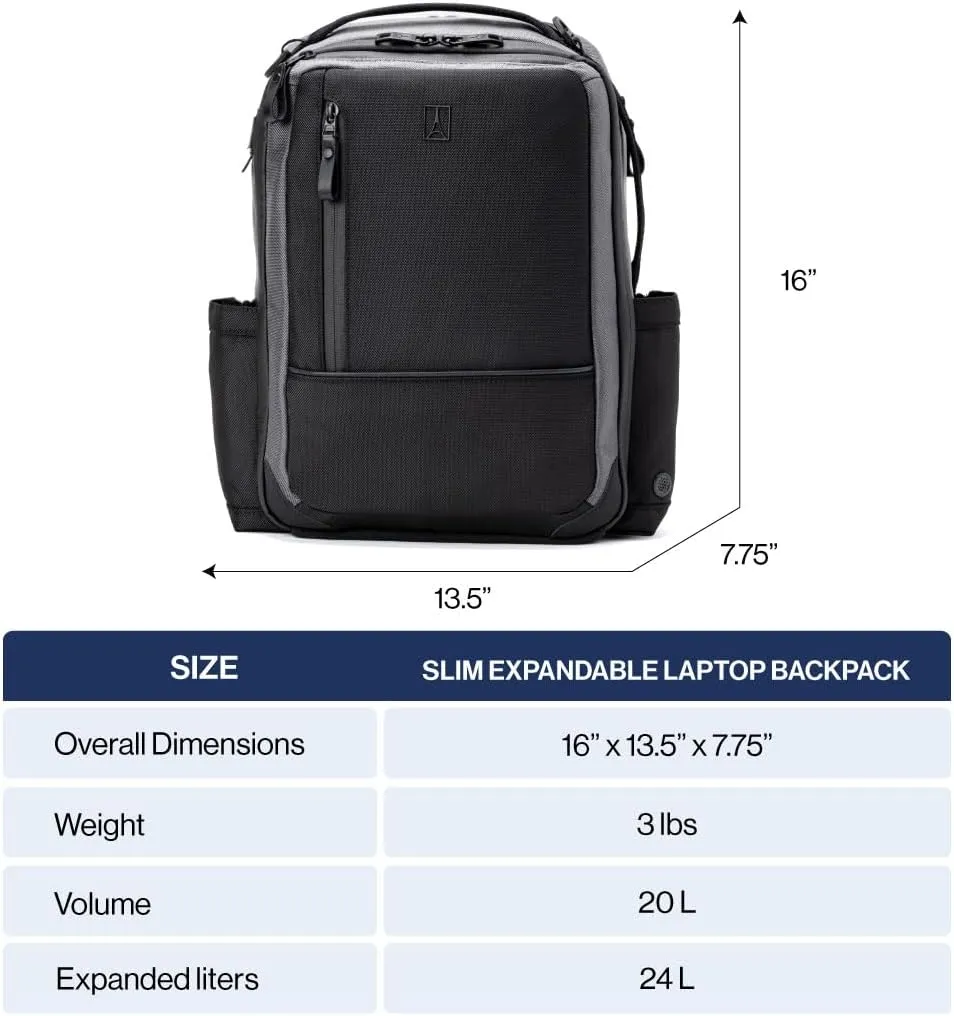 Travelpro Altitude Slim Expandable Travel Laptop Backpack 20-24L, 16 Inch Laptop, Water Resistant, Work, Business, Men and Women, Stellar Navy/Grey