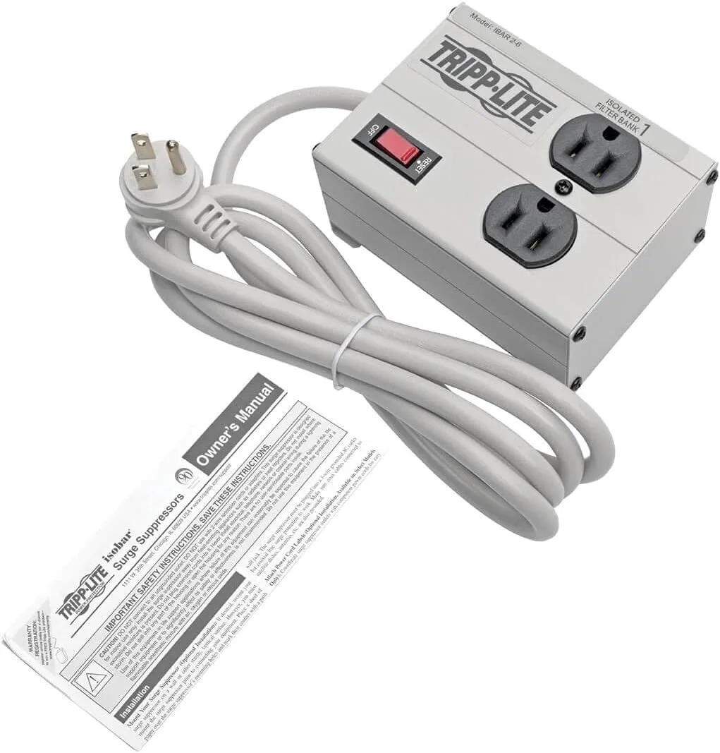 Tripp Lite IBAR2-6D Isobar 2 Outlet Surge Protector Power Strip, 6ft Cord, Right-Angle Plug, Metal, Lifetime Limited Warranty & Dollar 25,000 Insurance