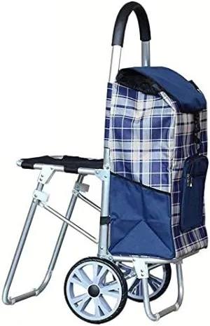 Trolley Multi-Function Shopping Cart Large Capacity Light Weight Foldable Wheeled Trolley with Seat Push Cart Bag with 2 Wheels Storage Hand Trucks,Blue