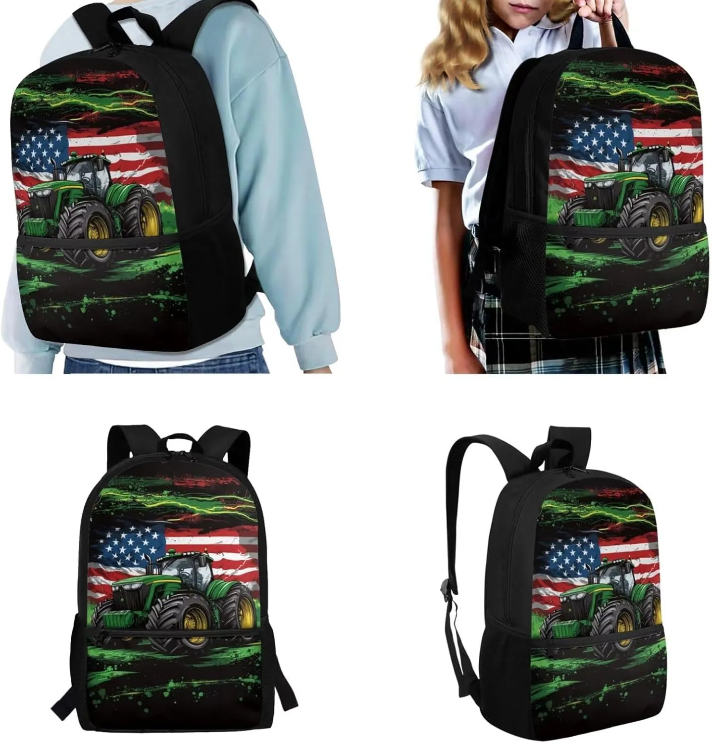 Truck Backpack and Lunch Box Set Boys Bookbag Age 8-10 6-8 American Flag Set of 4 Boys Bookbag with Lunch Box Heavy Duty Students Back to School Supplies Daypack Bag