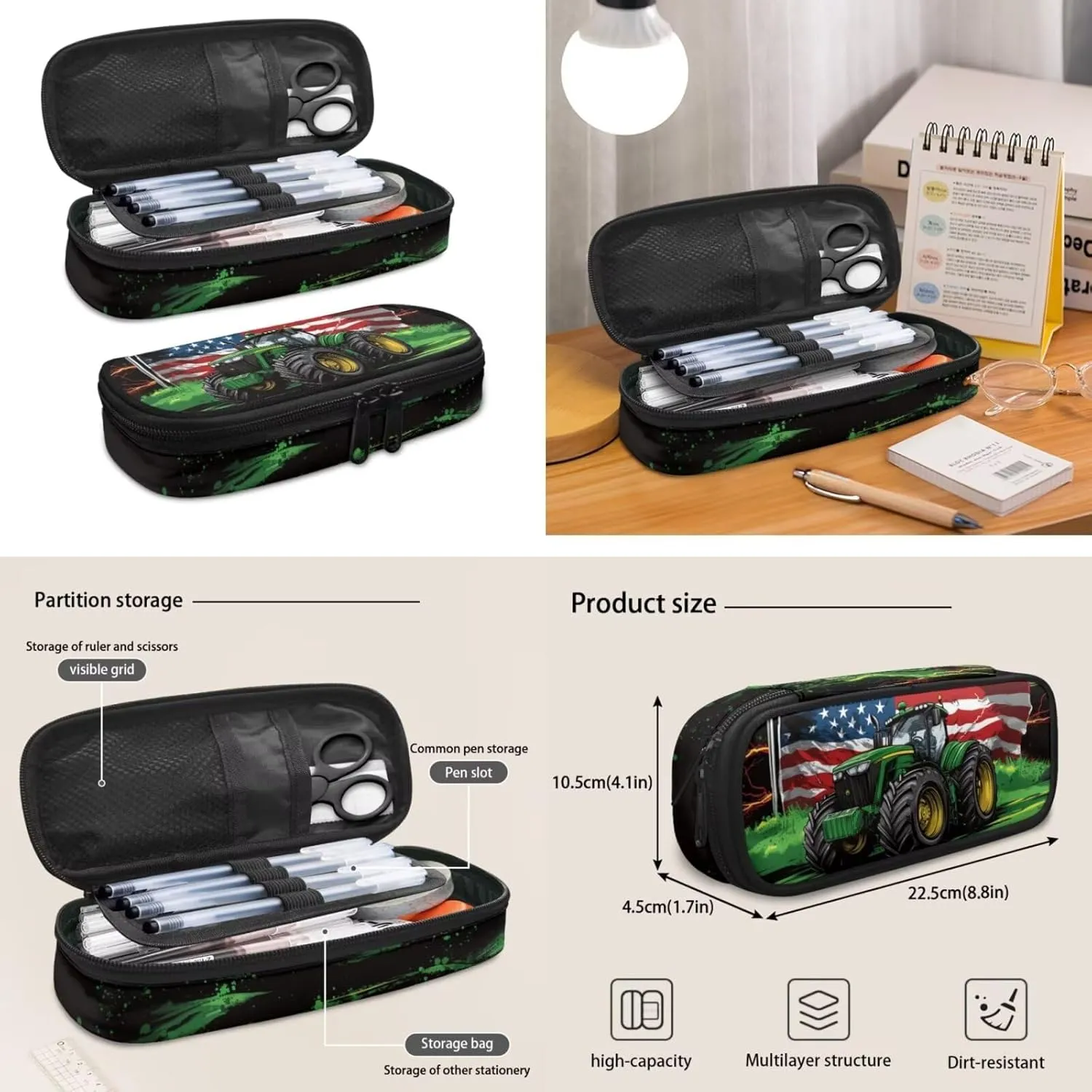 Truck Backpack and Lunch Box Set Boys Bookbag Age 8-10 6-8 American Flag Set of 4 Boys Bookbag with Lunch Box Heavy Duty Students Back to School Supplies Daypack Bag