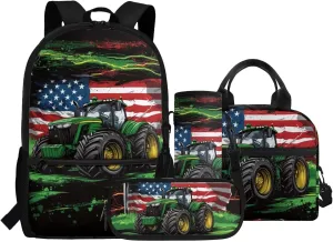 Truck Backpack and Lunch Box Set Boys Bookbag Age 8-10 6-8 American Flag Set of 4 Boys Bookbag with Lunch Box Heavy Duty Students Back to School Supplies Daypack Bag