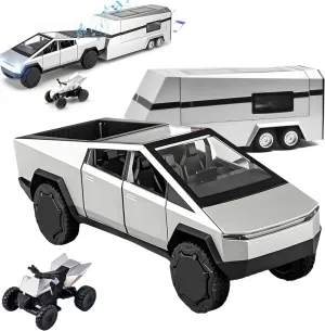 Truck Toy, Car Toy with RV, Motorcycle Cybertquad and Truck, 1/32 Alloy Diecast Pickup Trailer Model Kit with Light and Sound, for Kids Aged 6 and Up - Silver