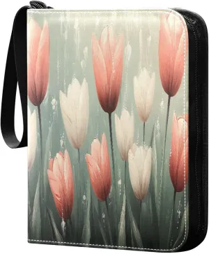 Tulips Flowers Oil Painting Cards Binder 4 Pocket Fits 400 Cards with 50 Removable Sleevesves, Trading Card Collector Zipper Album Holder Portable Card Games Display Storage Cases