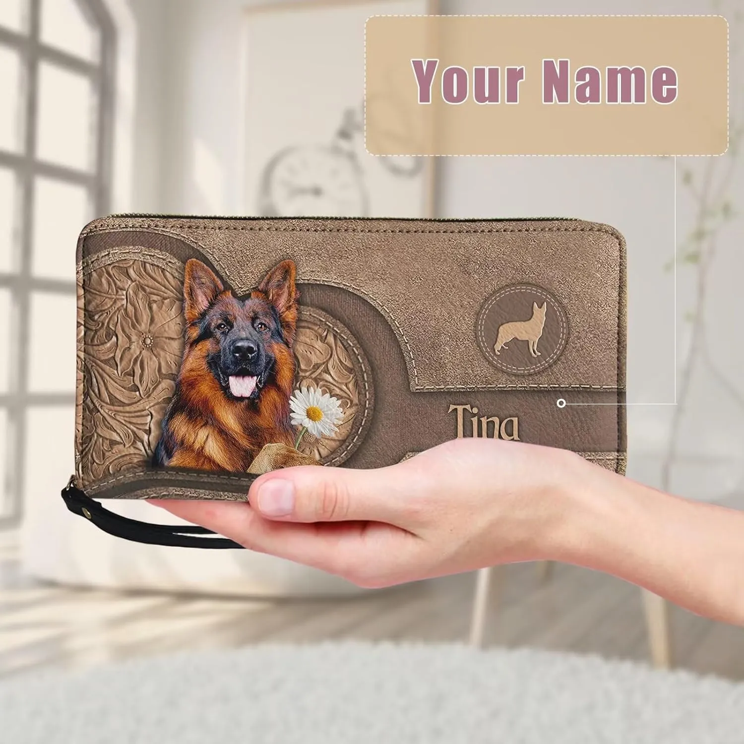Tuoxiukan Custom Wallets for Men German Shepherd Dog Personalized Name Wristlet Wallets for Women Zip Around Slim Minimalist Clutch Purse Cash Pouch Coin Organizer Customized Christmas Gifts