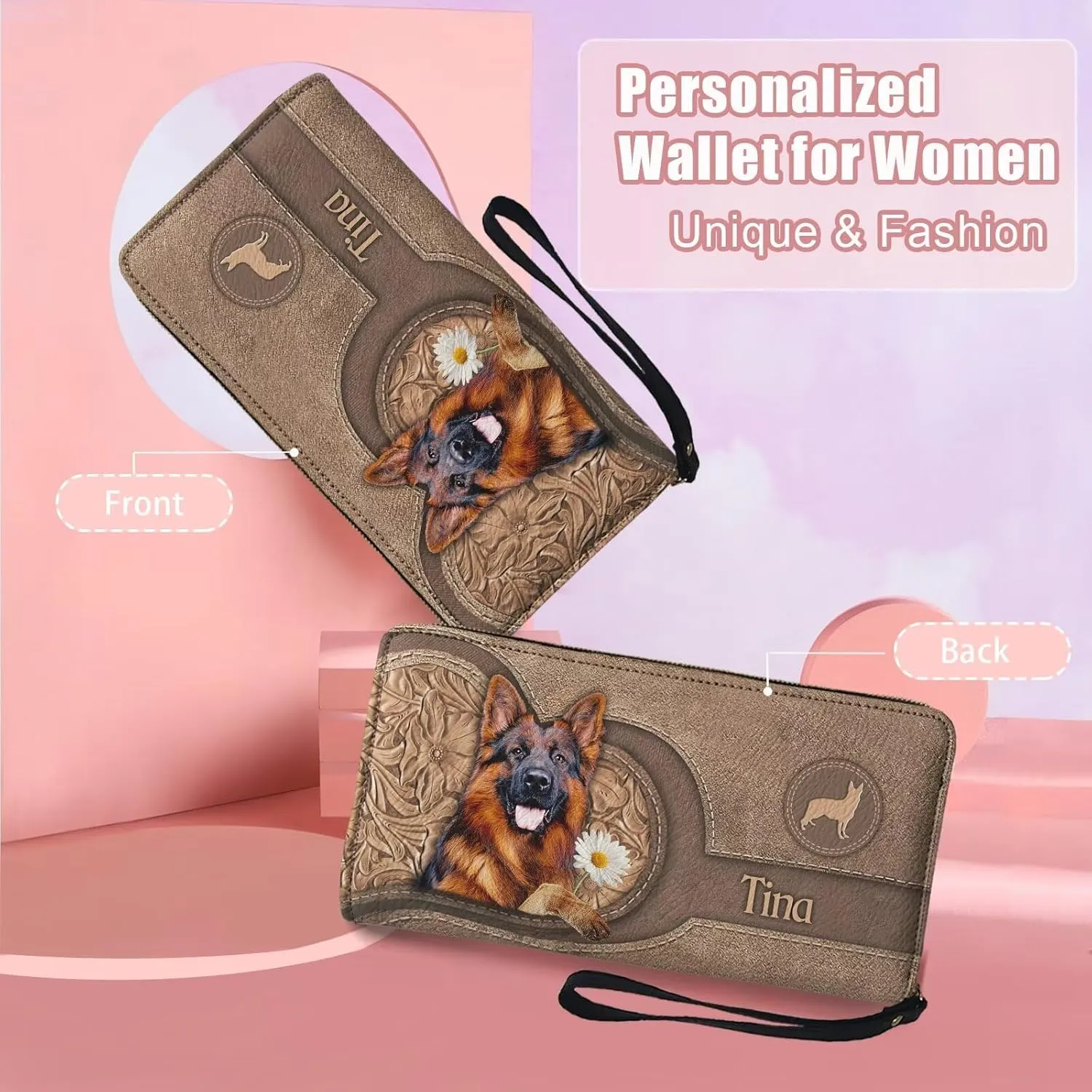 Tuoxiukan Custom Wallets for Men German Shepherd Dog Personalized Name Wristlet Wallets for Women Zip Around Slim Minimalist Clutch Purse Cash Pouch Coin Organizer Customized Christmas Gifts