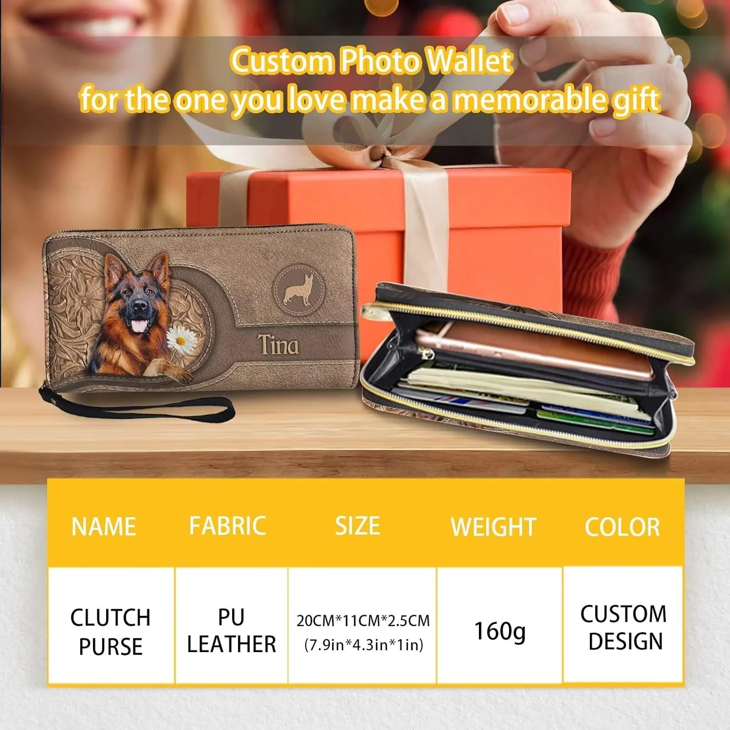 Tuoxiukan Custom Wallets for Men German Shepherd Dog Personalized Name Wristlet Wallets for Women Zip Around Slim Minimalist Clutch Purse Cash Pouch Coin Organizer Customized Christmas Gifts