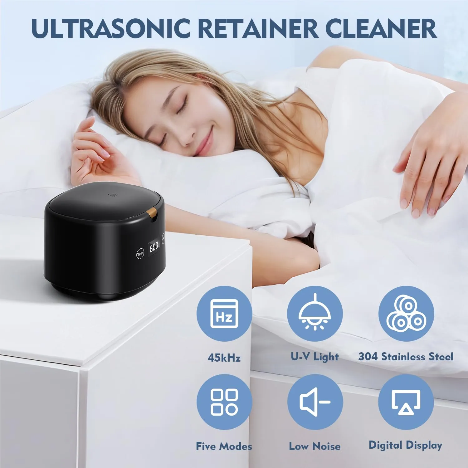 Ultrasonic Retainer Cleaner, 45kHz Sonic Retainer Cleaner Machine Dental Cleaning Pod for Dentures, Mouth Guards, Braces, Toothbrush Heads, Jewelry, 5 Modes for All Dental Appliances (Black)