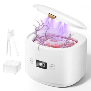 Ultrasonic Retainer Cleaner, 45kHz Sonic Retainer Cleaner Machine Dental Cleaning Pod for Dentures, Mouth Guards, Braces, Toothbrush Heads, Jewelry, 5 Modes for All Dental Appliances (White)