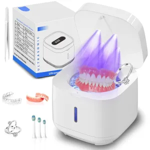 Ultrasonic Retainer Cleaner Machine, 7.5 oz Dentures Cleaning Pod with Digital Display for Mouth Guards, Aligner, Night Guard, Jewelry & Dental Appliance, 42KHz 24W Sonic Cleaner (White)