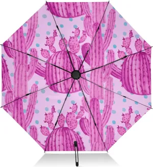 Umbrellas for Rain, Windproof Compact Umbrella Travel, Ideal for Car, Purse, Men and Women, Watercolor Cactuses Pink