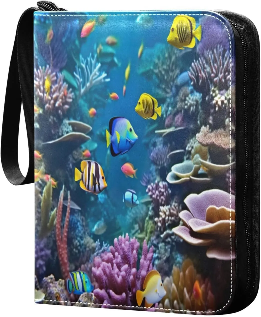 Underwater Seaworld Fishes Card Binder 4 Pocket Trading Card Album Fits 400 Sports/Game Cards, PU Cover 3 Ring Card Collection with 50 Removable Sleeves