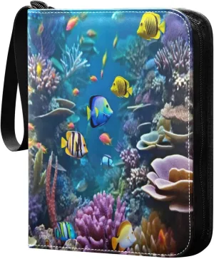 Underwater Seaworld Fishes Card Binder 4 Pocket Trading Card Album Fits 400 Sports/Game Cards, PU Cover 3 Ring Card Collection with 50 Removable Sleeves