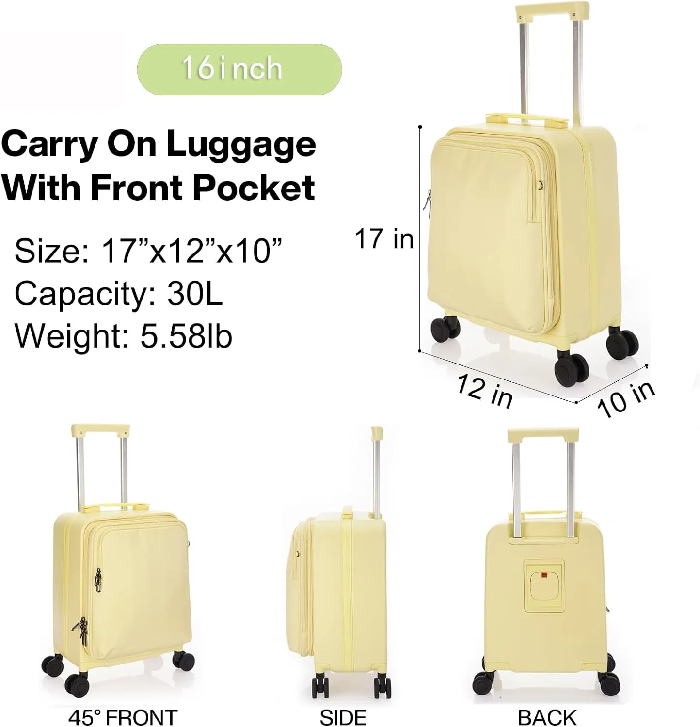 UNIKER Carry On Luggage with Cup Holder,16 Inch Hard Shell Suitcases with 4 Spinner Wheels, Cabin Bag Wheeled Bag Airline Approved,Expandable Carry-ons Yellow