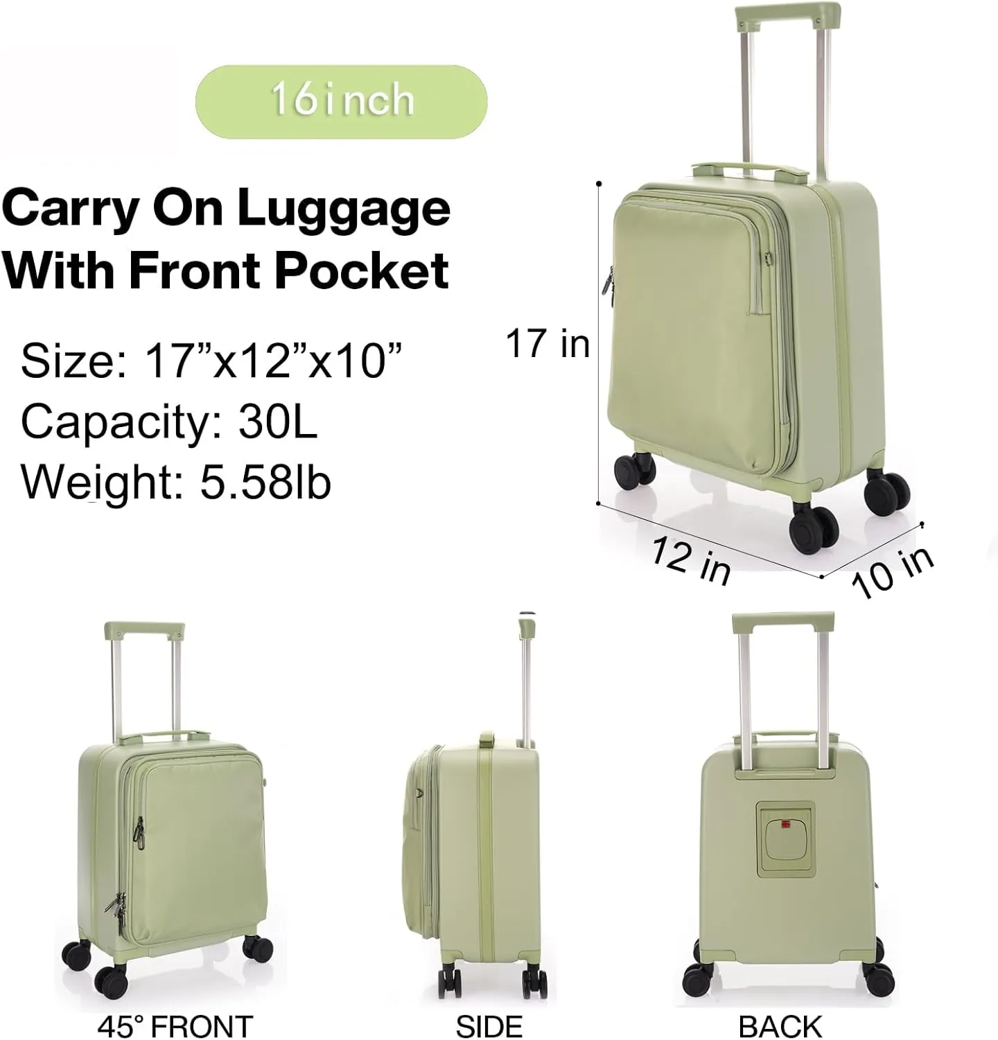 UNIKER Carry On Luggage with Cup Holder,16 Inch Hard Shell Suitcases with 4 Spinner Wheels, Wheeled Bag Airline Approved Cabin Bag for Travel,Expandable Carry-ons Green