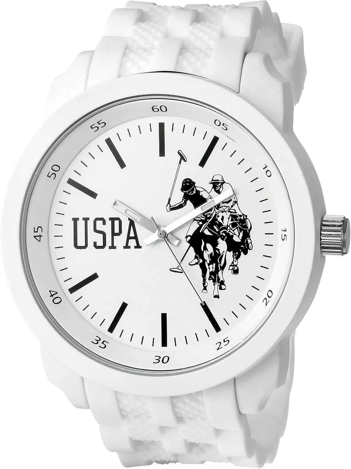 U.S. Polo Assn. Men’s White Sport Watch with Silicone Strap, 50mm Case, Analog Quartz Movement, Bold Dial, Box Included, Adjustable Fit 5.5"–8.25"